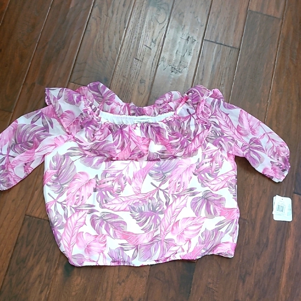 NWT Emily Daniels Pink Print Top with Sheer Sleeves & Ruffled Neckline sizeLarge